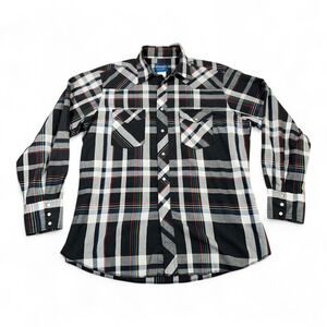 Wrangler Western Shirt Adult LARGE Black Plaid Pearl Snap Colorful Cowboy Y2K